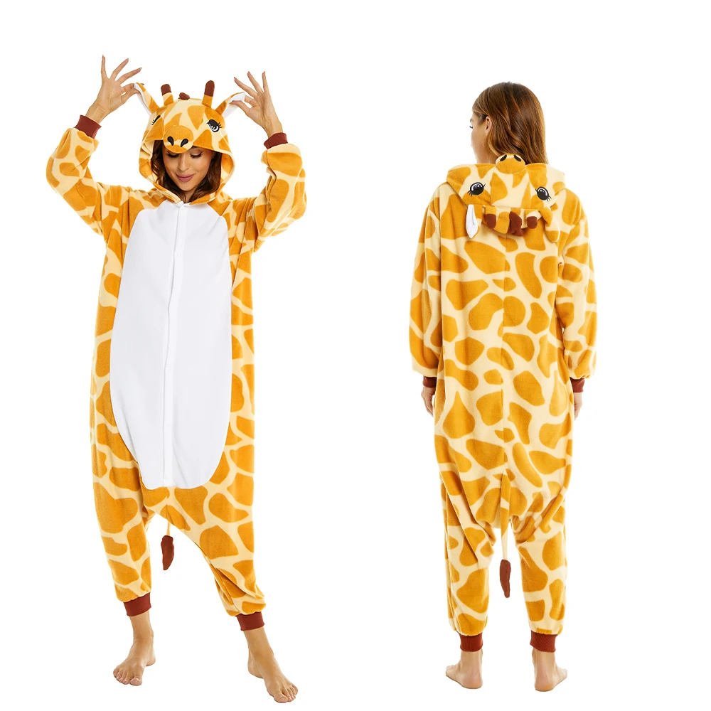 Giraffe Costume Suit Adult Women Winter Soft Hooded One-piece Pajamas Halloween Zoo Animal Cosplay Jumpsuit Onesie Sleepwear