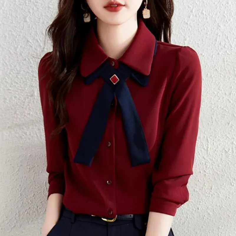 Fashion Casual Basic Shirt Solid Color Women\'s Clothing Turn-down Collar Spring Autumn Spliced Bow Single-breasted Loose Blouse