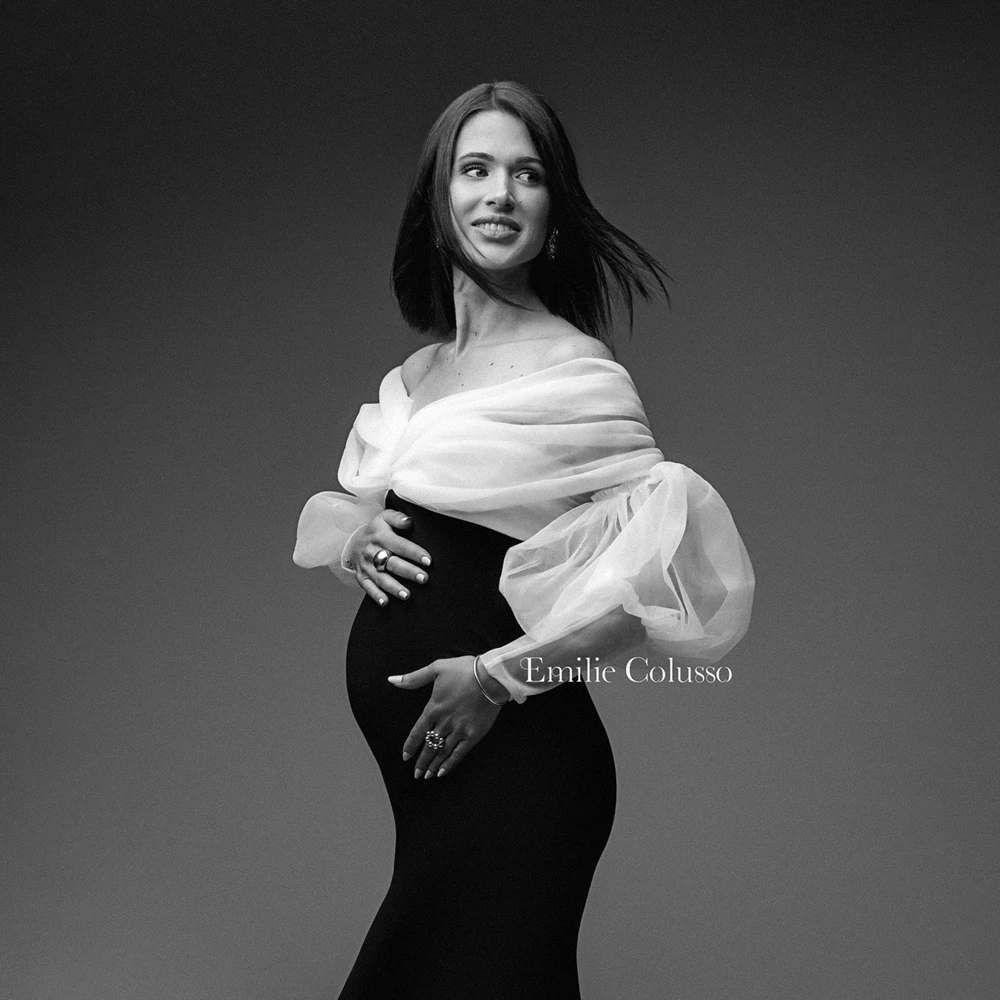 Elegant Off Shoulder Maternity Gown Puff Sleeve Photo Shoot Dress Studio Props Luxury Split Maxi Pregnancy Photography Clothes