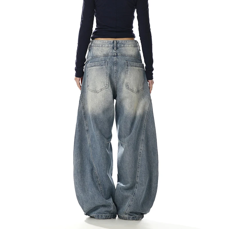 YIBASHU Women Ripped Jean American Retro Denim Blue Pants Y2k Design High Street Wide Fit Cowboy Japanese Harajuku Long Trousers