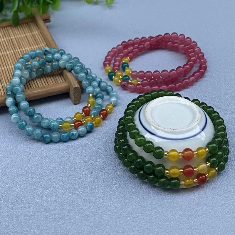 

Quartz Rock Jade Multi- Three-Circle Women'S Style Round Bead Ethnic Fashion Bracelet