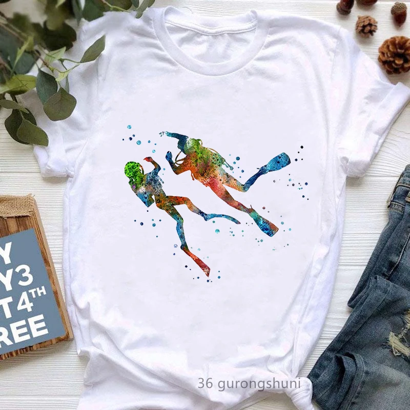 

Watercolor Scuba Divers Couple Print Tshirts Women Funny White T Shirt Femme Summer Short Sleeve Female T-Shirt Harajuku Shirt