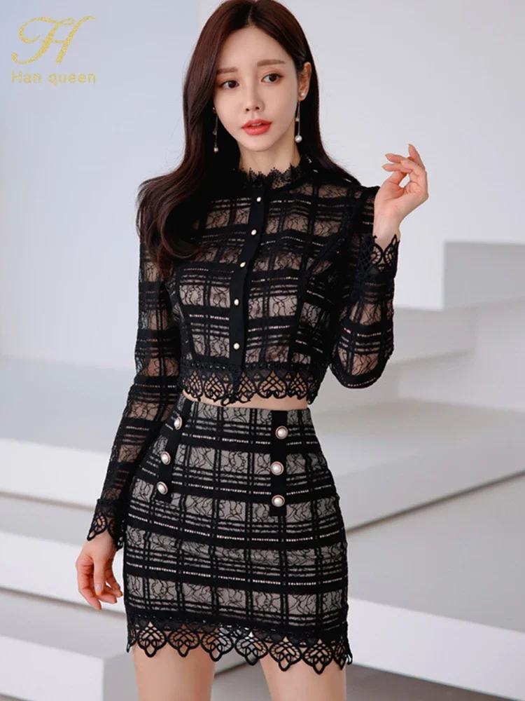 2023 Summer New Suit skirt Lace Hollow Out Tops & Double Breasted Bodycon Mini Skirt 2 Pieces Suits Sexy Party Set