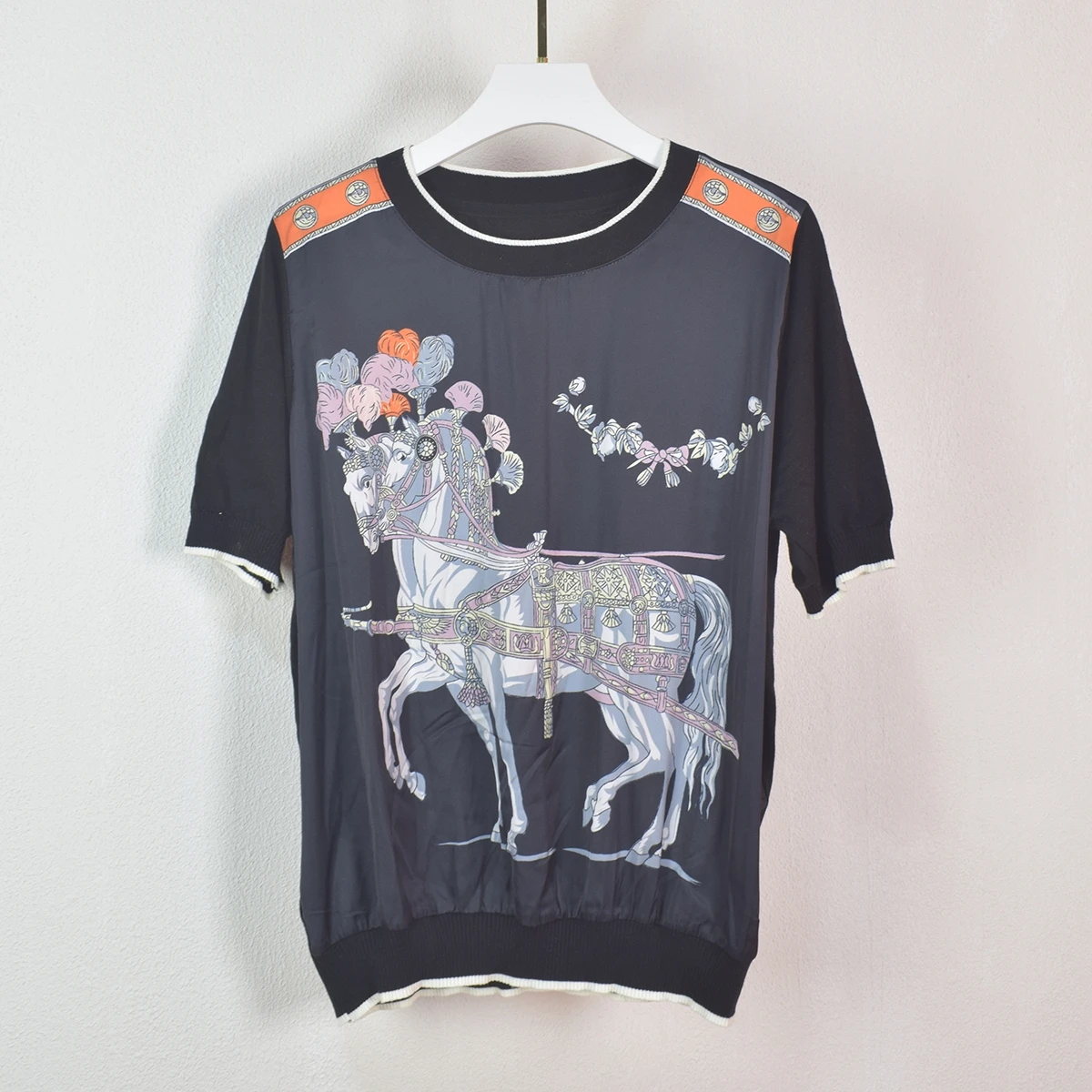 Imitation Silk Horse Print Splicing Knit O-neck T-shirt For Women Short Sleeve Knitwear Top Ladies Fashion Tshirt Clothing