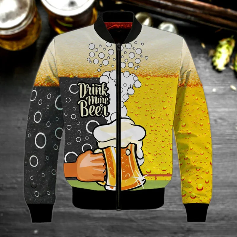 Spring Autumn Mens Bomber Jackets Beer 3D All Over Printed Zip Tracksuits Unisex Casual Long Sleeve Zipper Jacket Clothing Coat