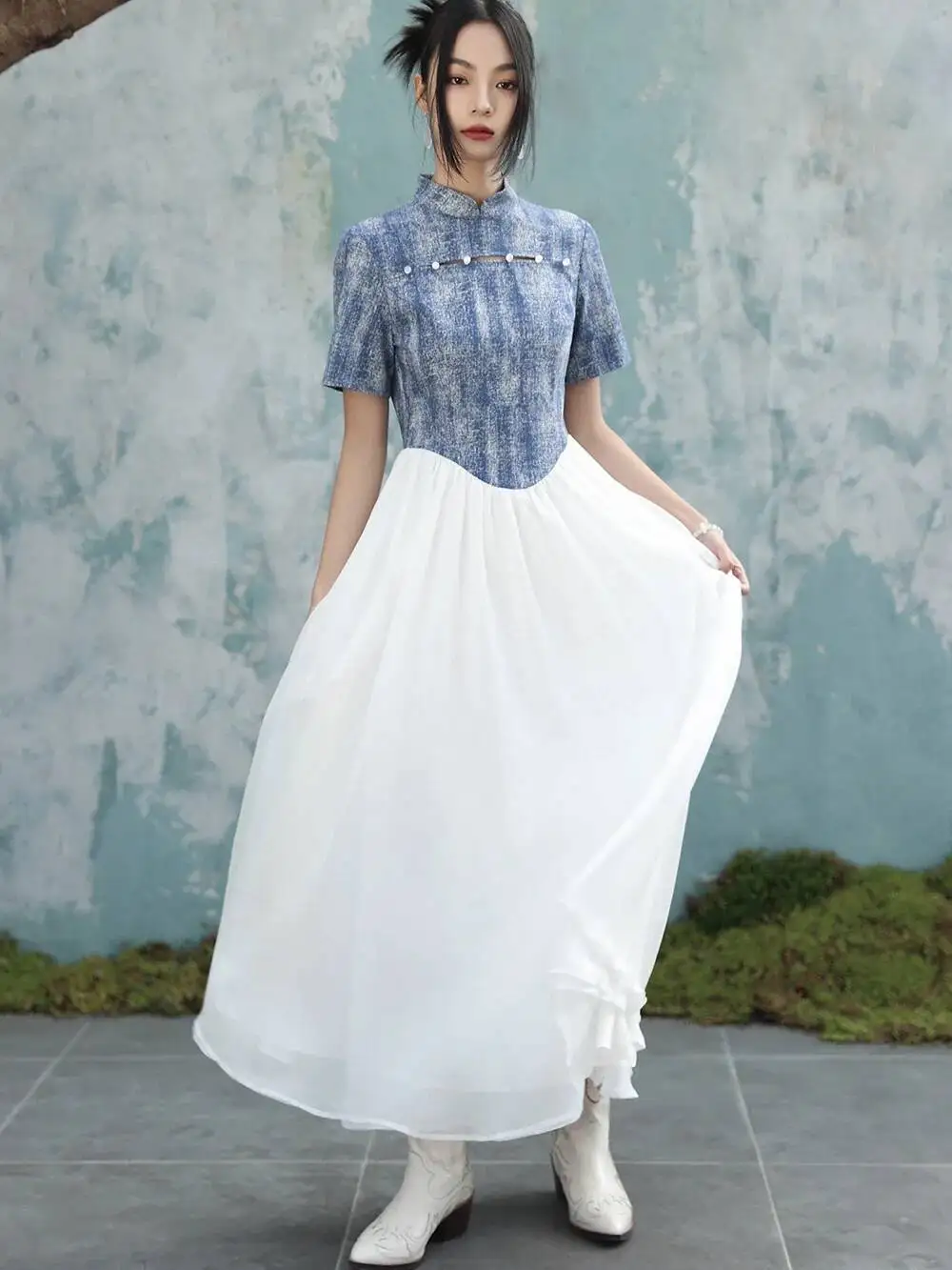 UMI MAO Nowa Chińska Sukienka Vintage Elegancka Damska Niebiesko-Biała Kontrastowa Sukienka w Linii A Imitacja Denimu Łączona Szyfonowa Długa Sukienka