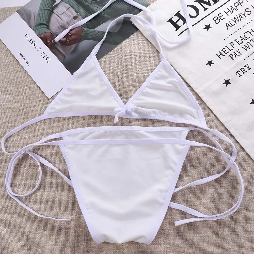 Modny, seksowny strój kąpielowy bikini z wiązaniem na szyi, damski, cosplay, jednolity kolor, zestaw kostiumów kąpielowych.