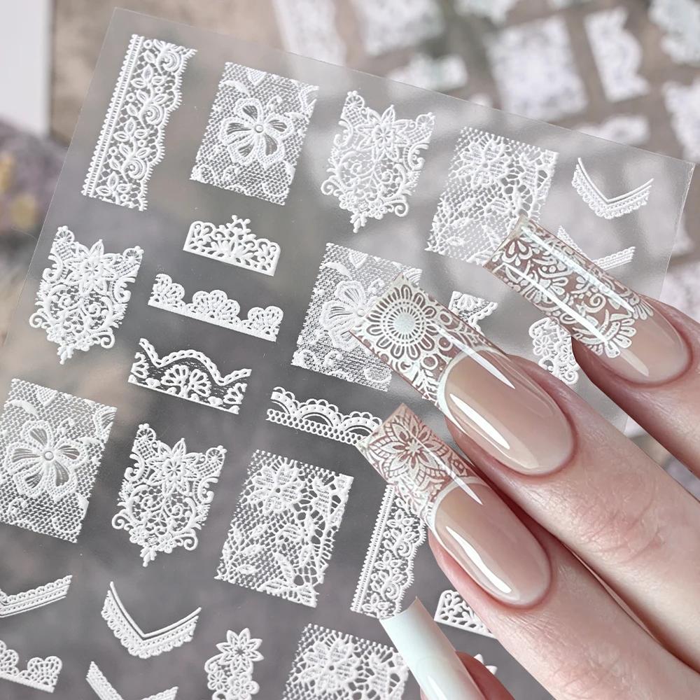 1Pcs 5D Relief White Lace Flower Nail Sticker Stripe Square V-Shaped French Lace Fabric Nail Decals Self-adhesive Sexy Nail Deco
