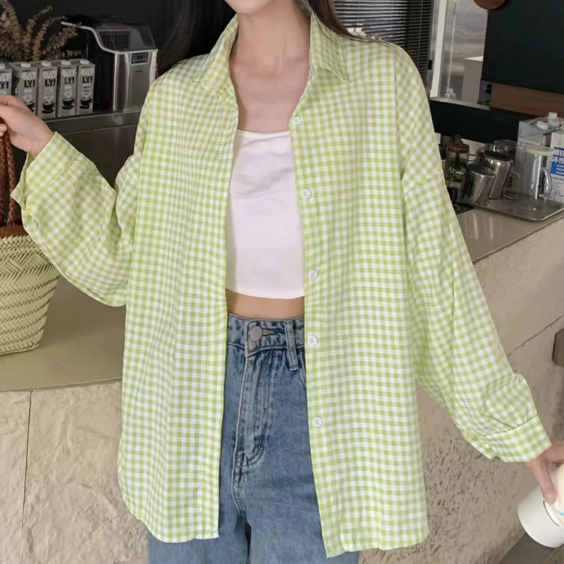 Women Gingham Shirt Long Sleeve Button-Down Pink Blue Checkered Blouse Top Jacket Summer Spring TeenGirl Boyfriend Casual Outfit