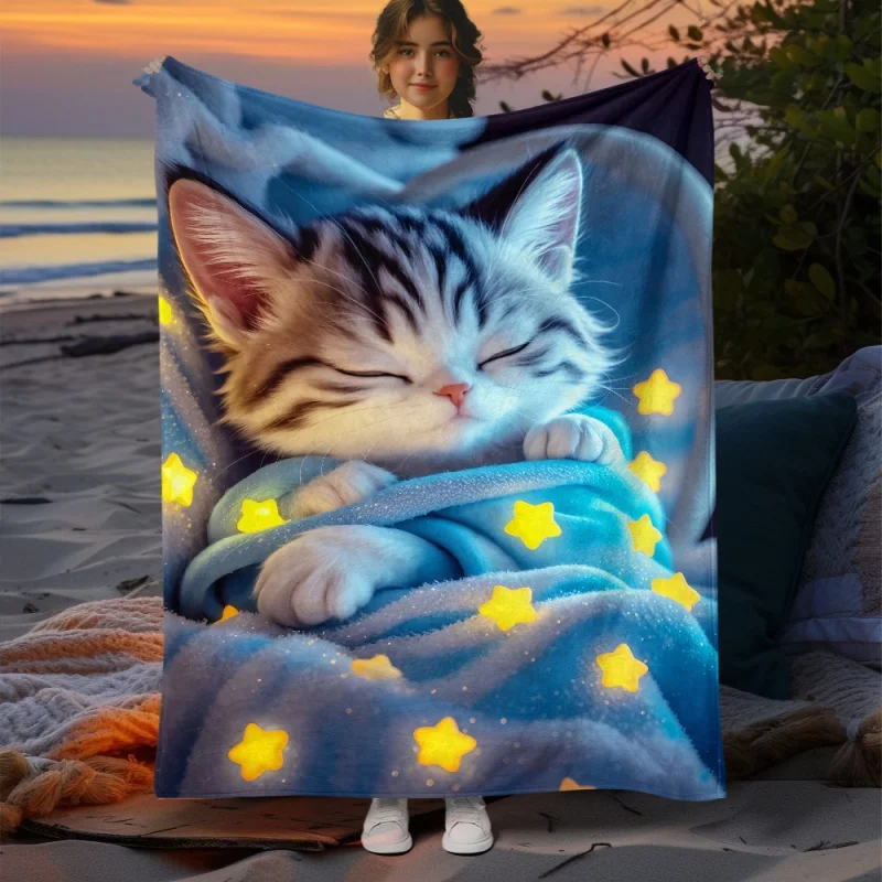 Sleeping Kitten Star Printed Throw Blanket,Soft Warm Flannel Blanket,Cute Cat Cozy Decorative Blanket for Indoor