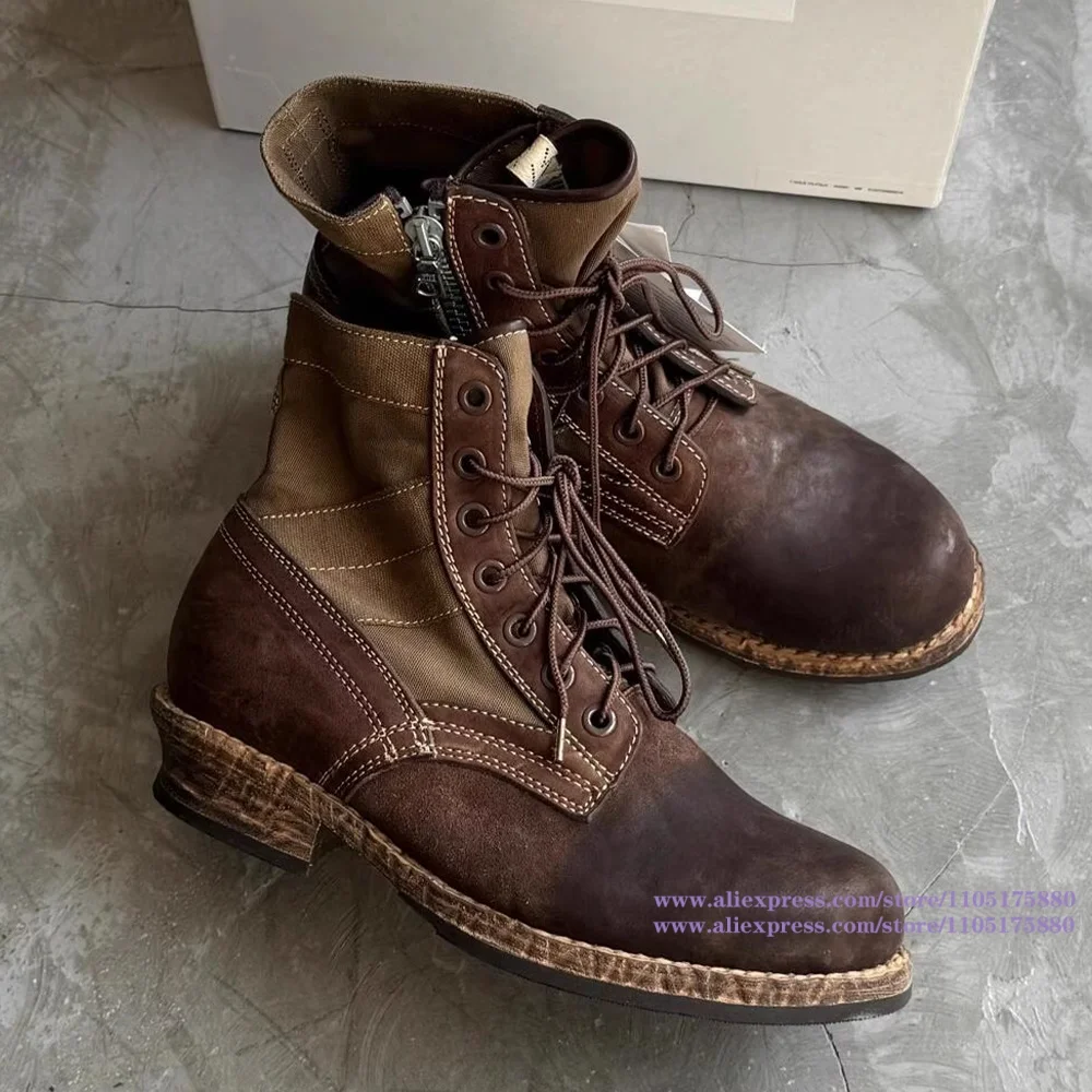 Brown Leather Zip-Up Men's Boots Vintage Style Round Toe Height-Increasing Boots Luxury Designer Men's Shoes Botas Mujer