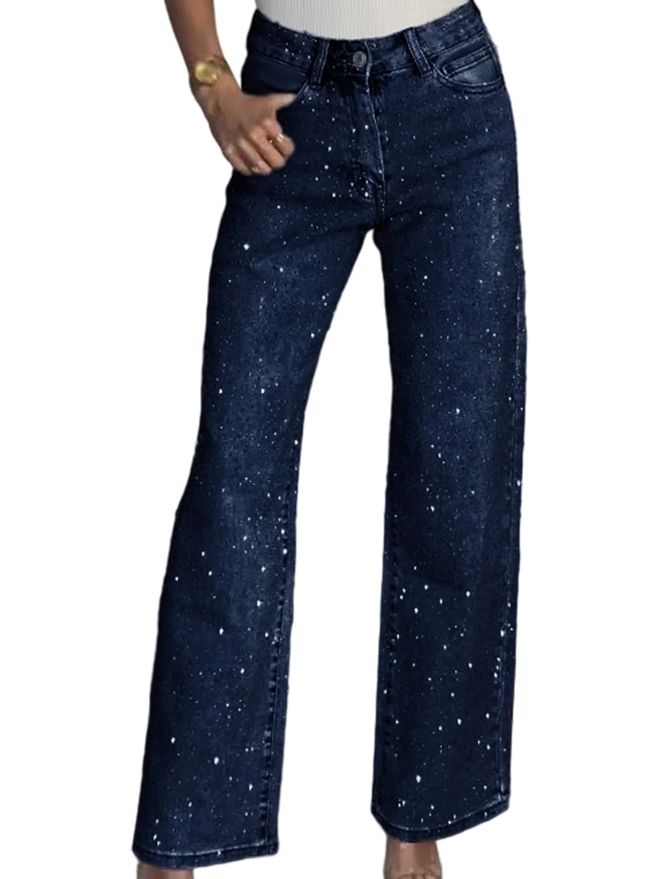 D8751 Export Women's Fashion European and American Style Full Diamond Washed Denim Pants High-Waisted Straight Leg Pants for Gir