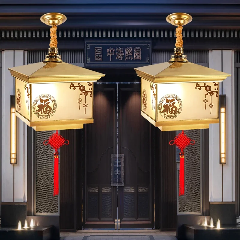 

2024 new solar all-copper wedding chandelier Chinese wind balcony door waterproof and sunscreen small lantern