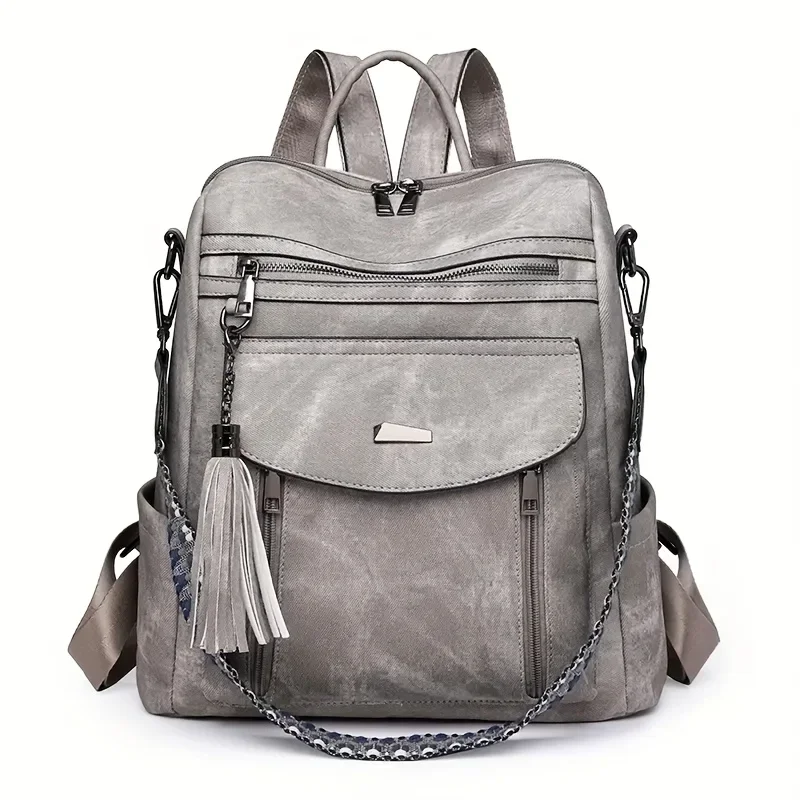 Adjustable Straps, Women's Large Capacity Backpack Stylish, Multiple Compartments, And Decorative Tassel Zipper Pulls Casual