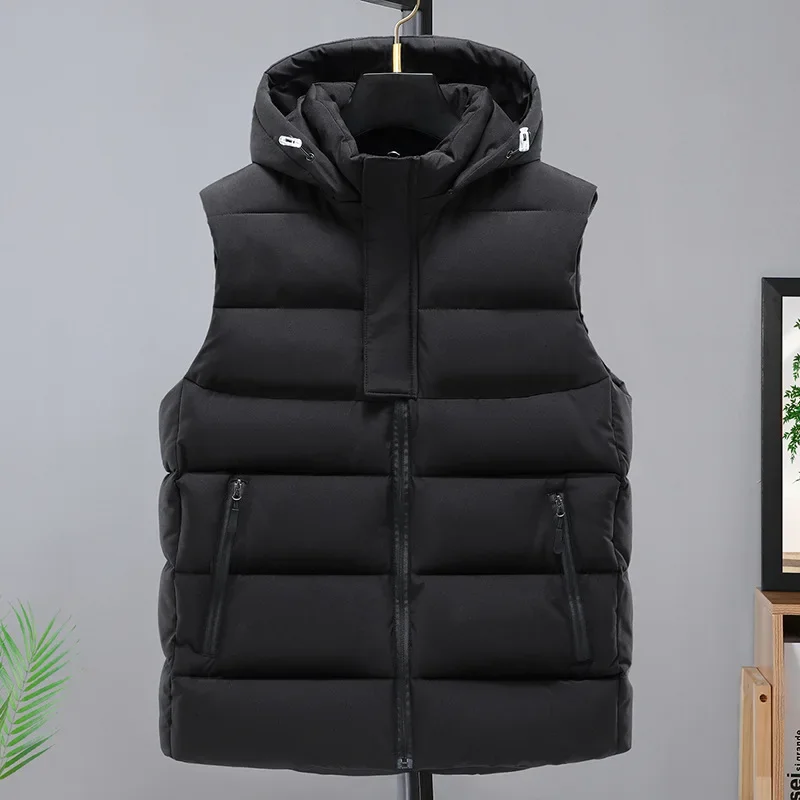 Winter Sleeveless Jacket Men Spliced Color Outerwear Vest Jacket Zipper Warm Thick Down Cotton Hooded Vest Man Slim Fit