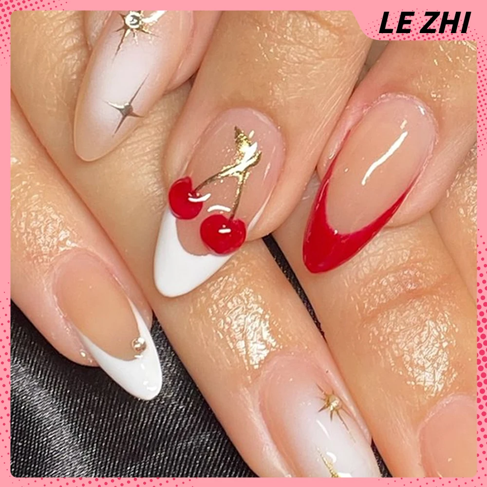 French Short Almonds Press On Nails Party Sticker Nude White Red Cherry Ballerina Gel High Quality Handwork Nails Salon Sticker