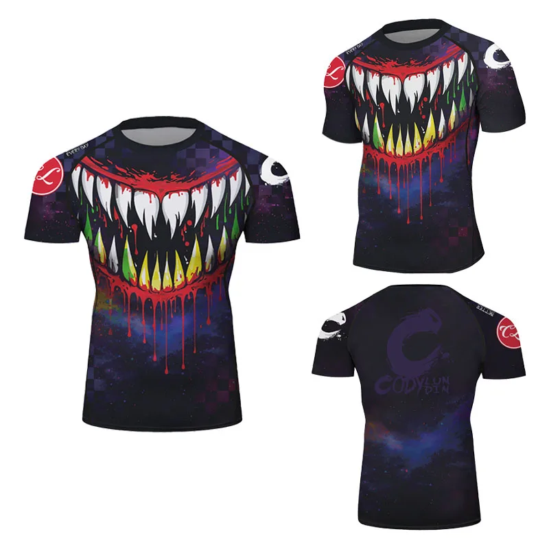 Unique Bold Graphic Rash Guard Men Skin‑Tight Short Sleeve Compression Tee Slim Fit BJJ MMA Grappling Training Sports Shirt