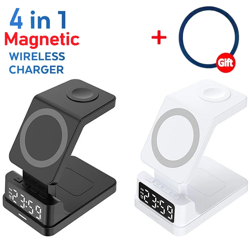 4 In 1 30W Magnetic Wireless Charger Stand Alarm Clock Fast Charging Station For Iphone 15 14 13 12 Apple Watch 8 7 Airprods Pro