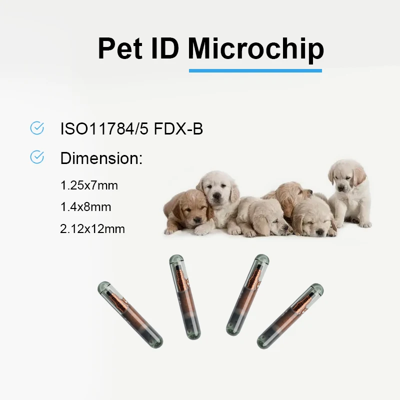 

20PCS 134.2khz glass chip FDX-B EM4305 RFID pet ID tracking microchip animal 1.25*7mm 1.4 for dog cat identification programming