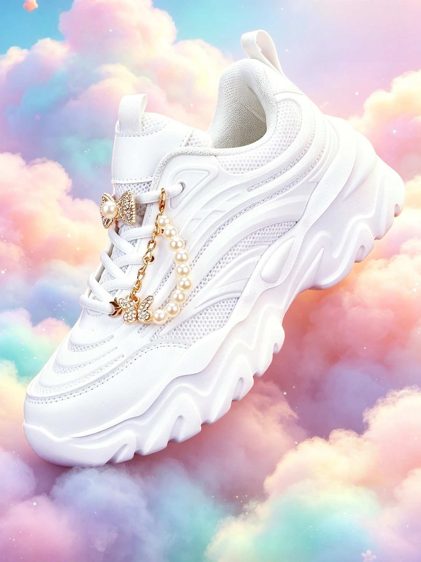 Women's 5cm Height-Increasing White Thick-Soled Dad Shoes with Sweet Style, Gold Bow, Pearl Chain Decoration, All-Season Mesh Breathable Patchwork Casual Sneakers, Soft Sole, Lightweight, Versatile, Suitable for Daily Commuting and Various Occasions, Easy to Match with Sweet Girl Style Outfits