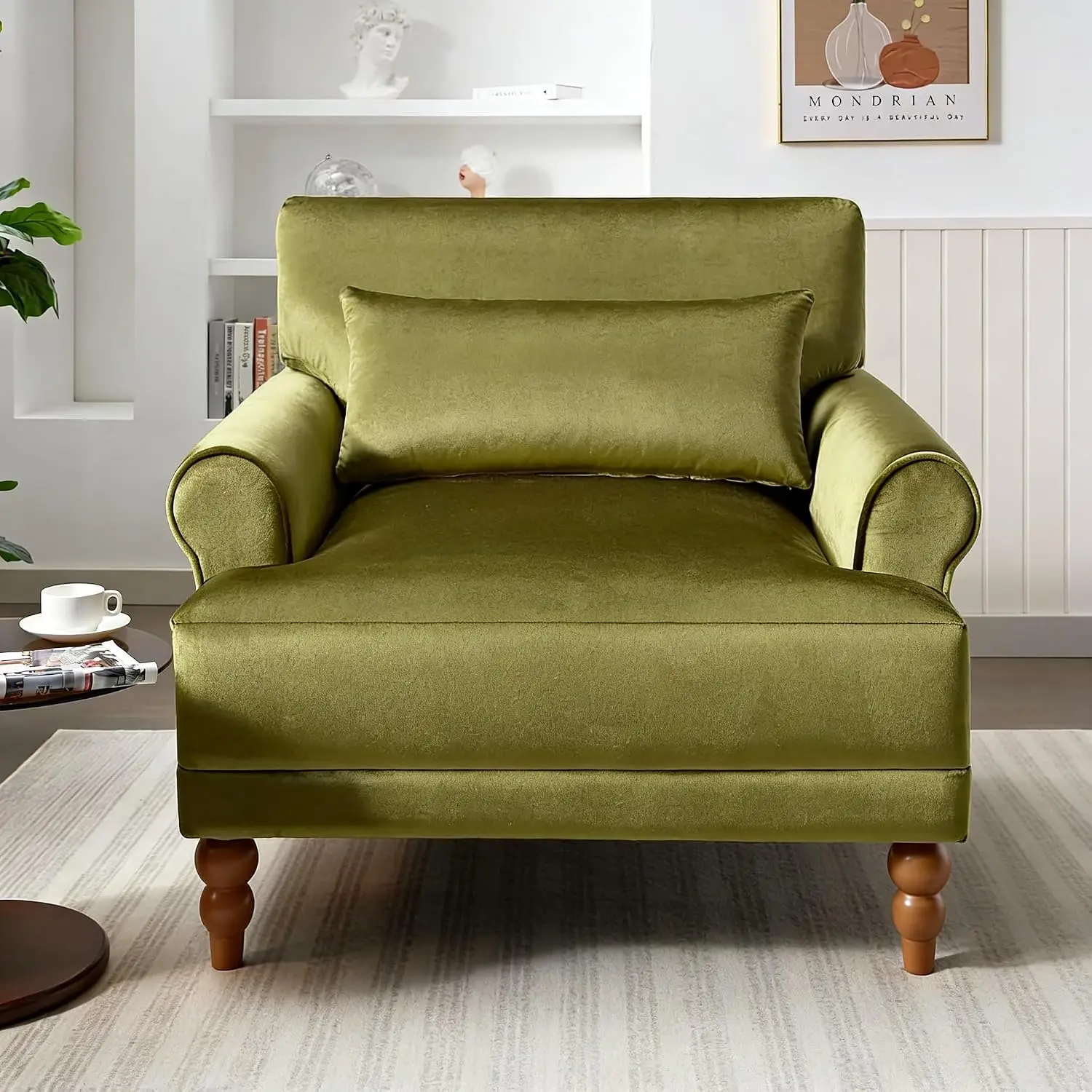 Oversized Velvet Accent Armchair with Roman Column Legs, Green, Customized