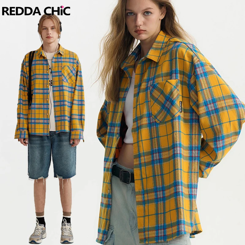 REDDACHiC Tartan Retro Women Men Plaid Shirt Contrast Lapel Long Sleeves Loose Single-breasted Blouse Top Casual Fall Outerwear