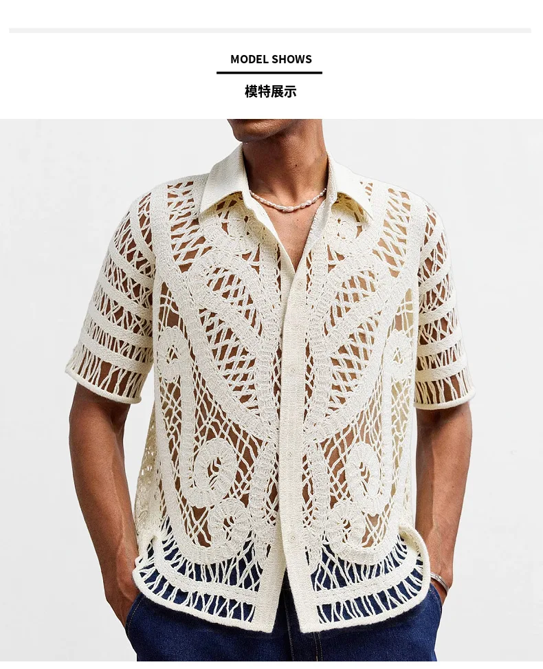 Men's clothing_European and American ethnic style crochet sweater_Men's summer short-sleeved polo shirt