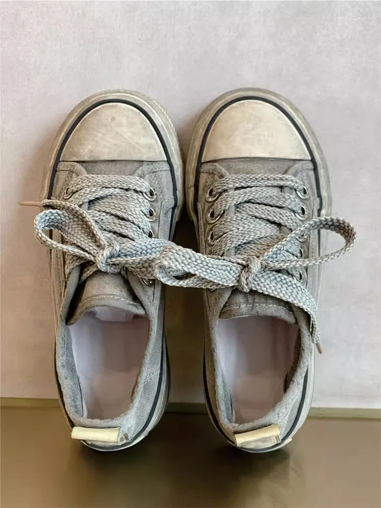 Vintage Women Distressed Canvas Shoes Lace Up Low Cut Thick Platform Casual Shoes New Fashion Female Outside Sneakers Footwear