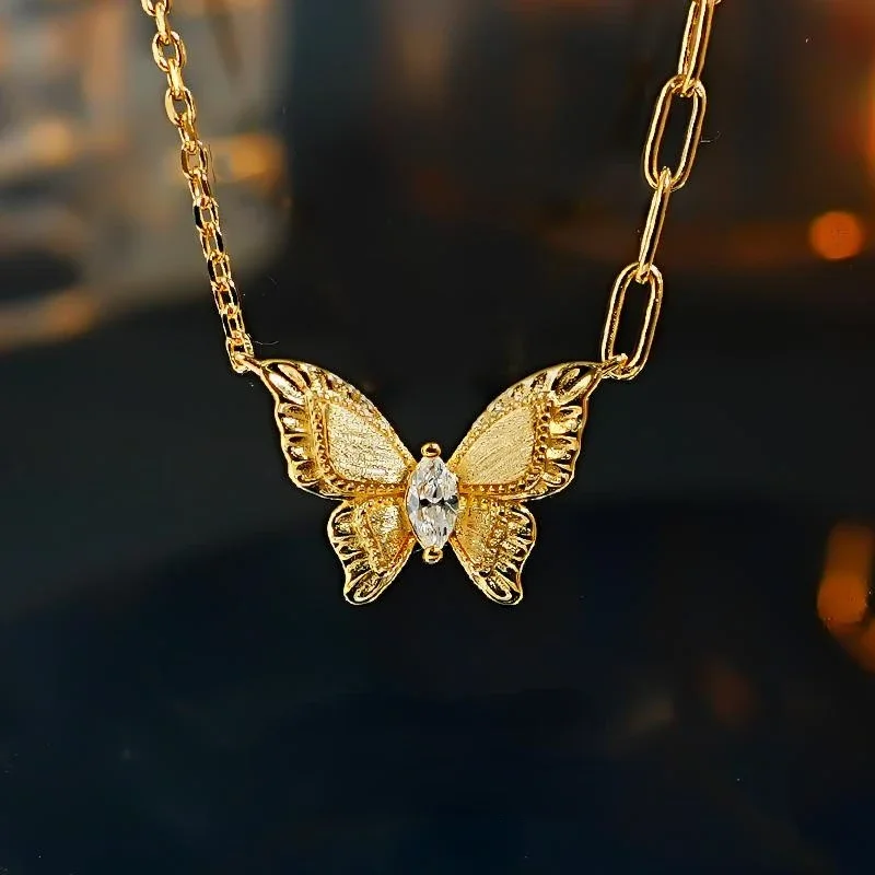 NEW Metal brushed 925 sterling silver gold butterfly necklace with pull-out style elegant Buchi style retro pendant for women