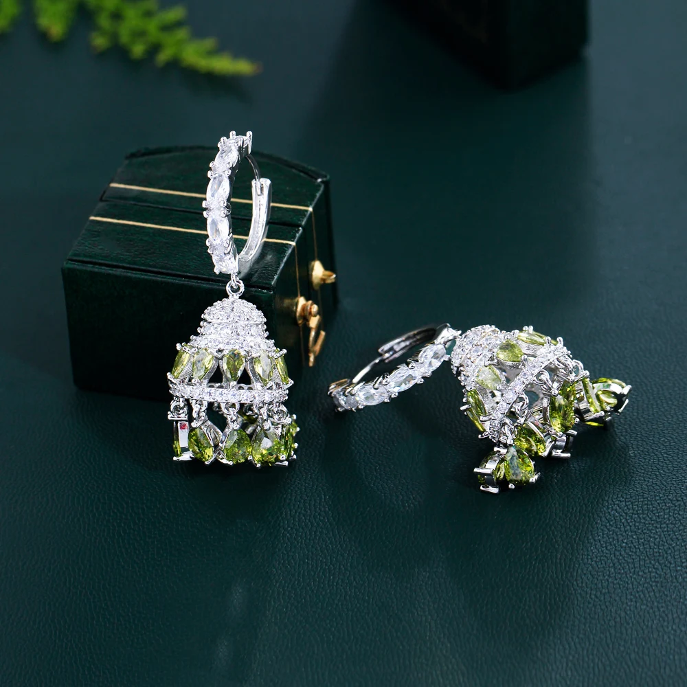 ThreeGraces Elegant Olive Green Cubic Zirconia Silver Color Long Tassel Drop CZ Hoop Earrings for Women Party Jewelry E1793