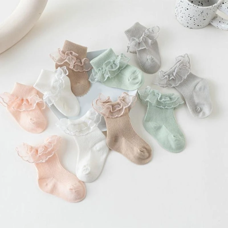 

M76C Детские носки с кружевной отделкой для новорожденных 0–2 лет, теплые носки, противоскользящее платье, носки с рюшами, носки
