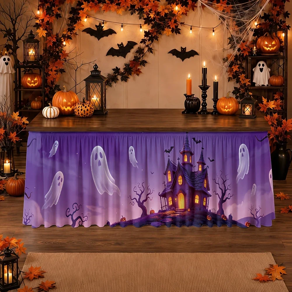 Halloween table skirt, Haunted House, Ghost, Purple Twilight, Thrilling Mansion, No Trees, Bats, Haha, Lantern, 1 piecexzj