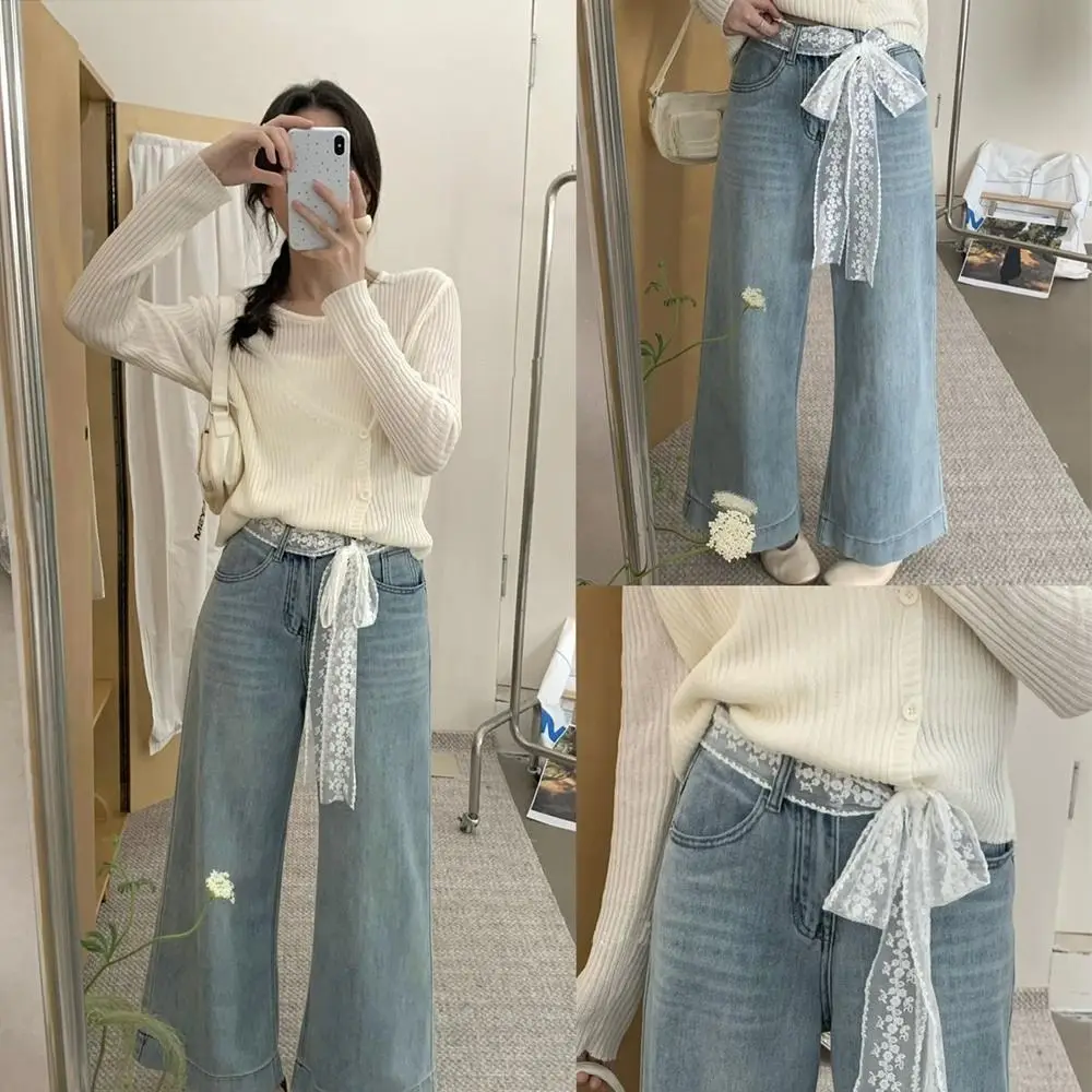 

Fashion Y2k Long Lace Waistband Bow Floral Lace Waist Belt Thin Tie Up Dress Jeans Belt Spicy Girls