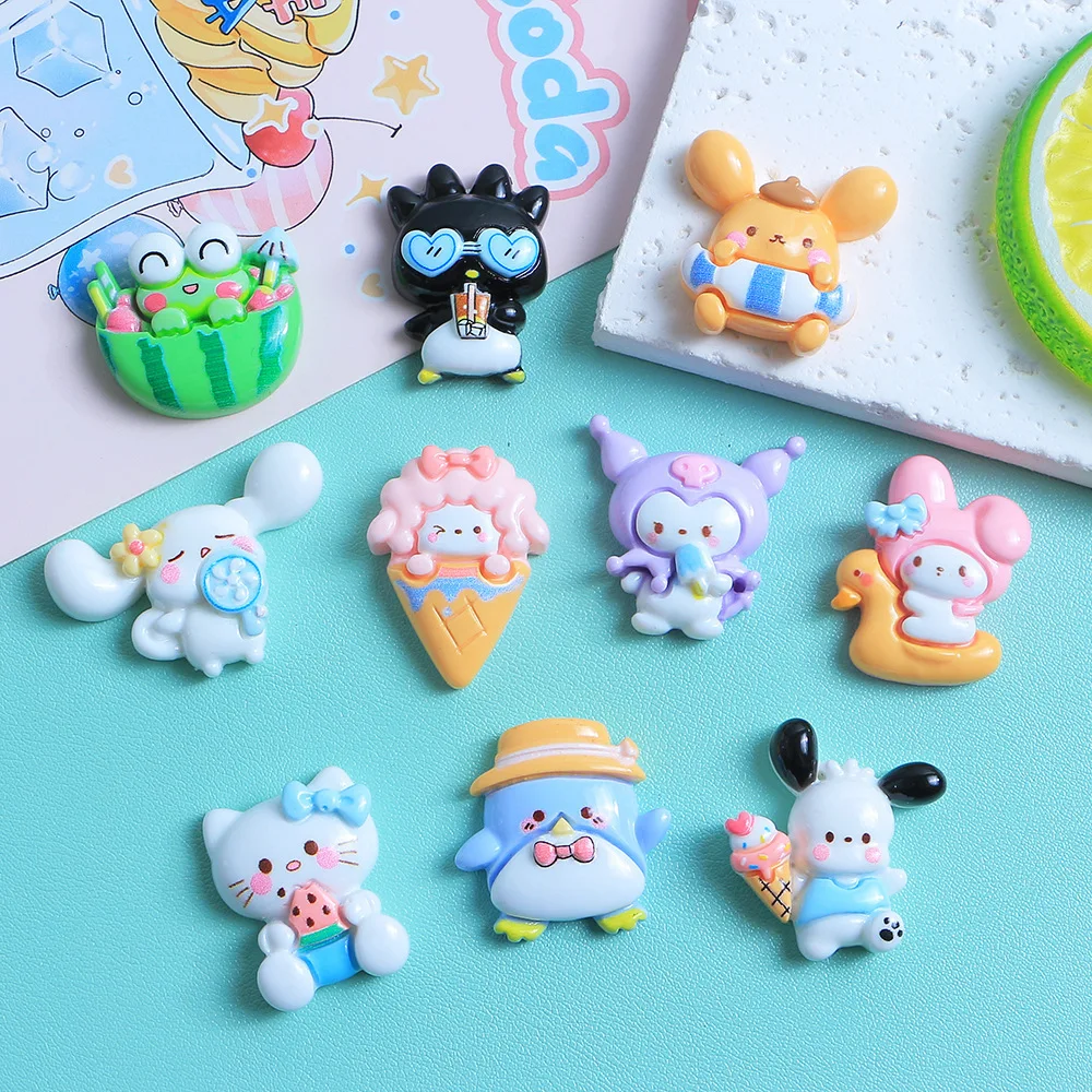 

100 шт., летняя серия Sanrio с милыми мультяшными рисунками, искусственная смола с плоским основанием, украшения для рукоделия