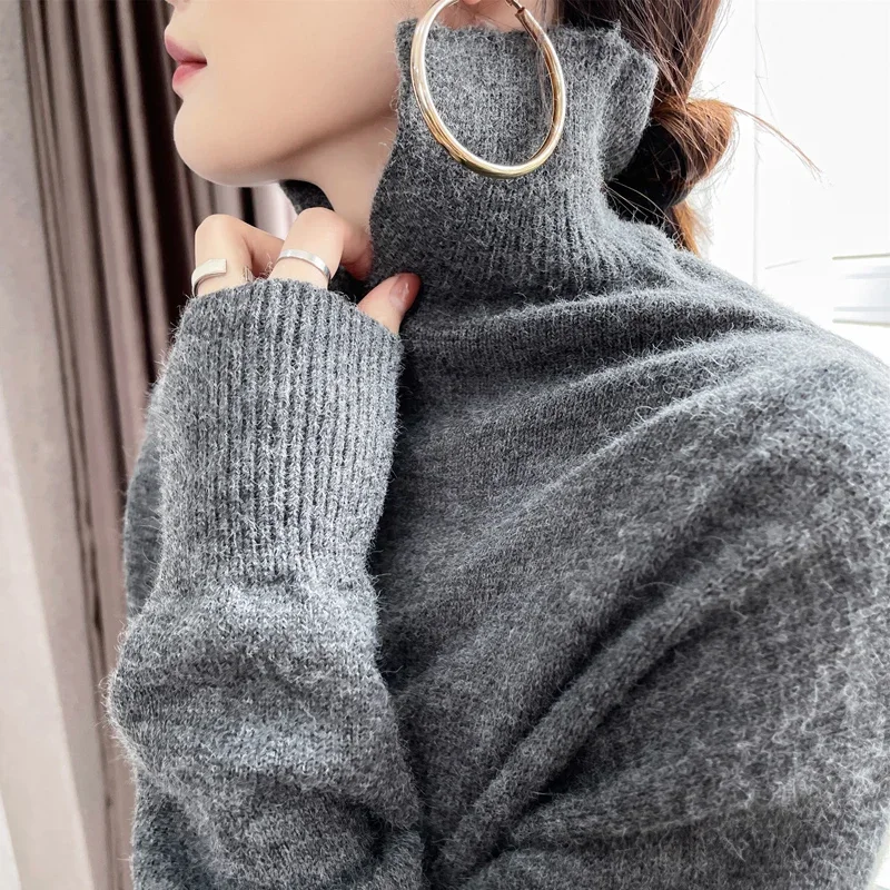 Autumn And Winter New Soft Knitted Turtleneck Jacket Women's Loose All-Match Button Blended Wool Pure Color Delicate Cardigan