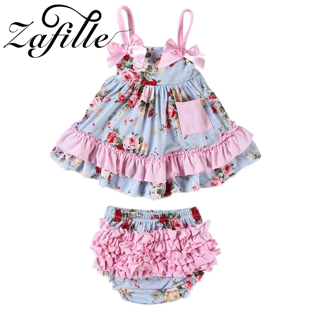 ZAFILLE Sweet Floral Printed Baby Girls Clothes Set Frill Edged Patchwork Kids Toddler Costume Summer Girls Outfits Sleepwears