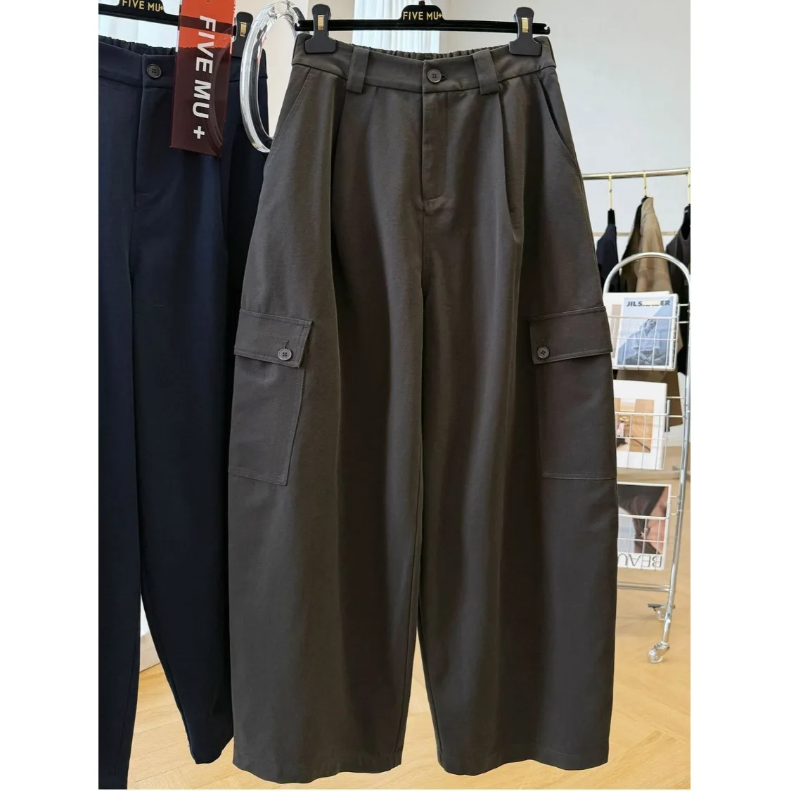 Casual Multi-pocket Design Baggy Wide Leg Pants For Women New Autumn Solid Bottom Female High Waist Retro Navy Blue Loose Trouse