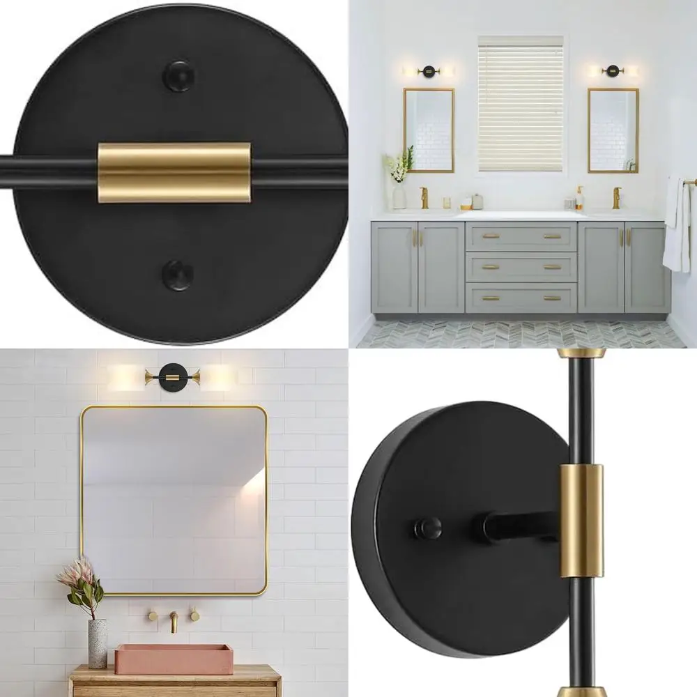 

Mid-Century Modern 2-Light Wall Sconce with White Glass Shades, Matte Black and Gold Brushed Brass Finish for Bathroom Vanity Li