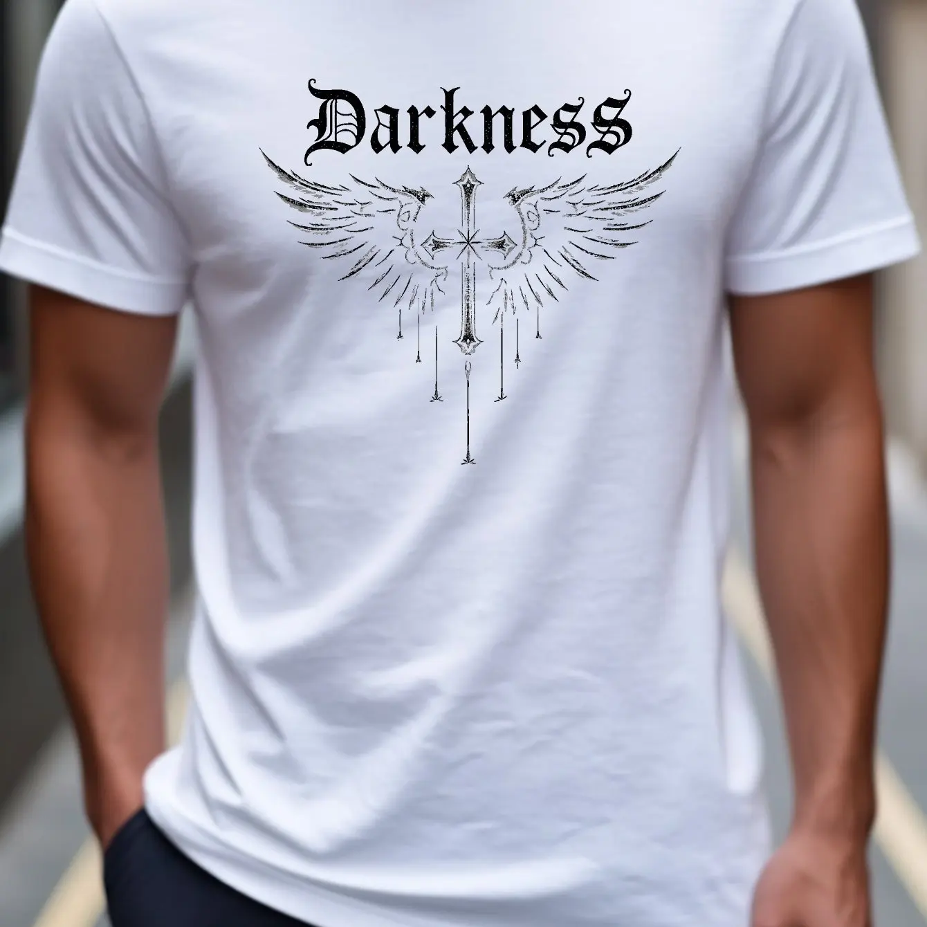 تي شيرت رجالي أسود جرافيك "الظلام" أجنحة الملاك طباعة مايكرو سترتش متماسكة عادية الصيف تي شيرت منتظم صالح الرجال الملابس