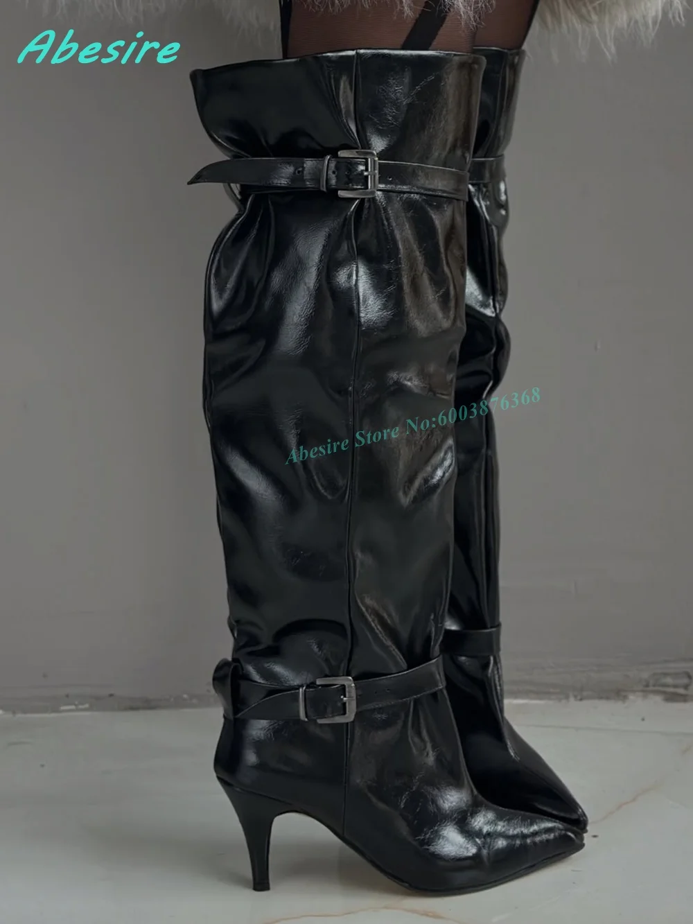 Black Leather Over The Knee Boots Pointed Toe Double Buckle Strap Stiletto Heels Women's Boots Street-Style Cool Fashion Shoes