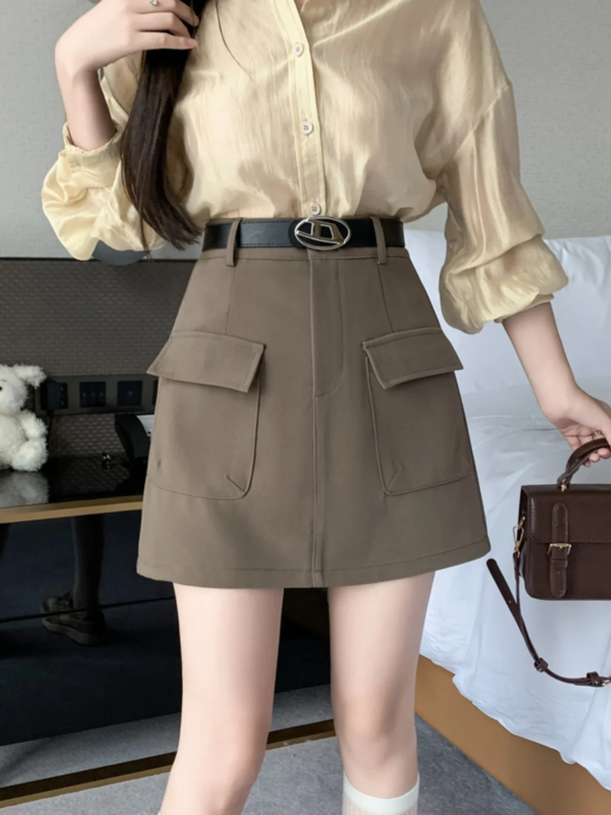 Design Sensation  Workwear  Skirt Women's Autumn Winter High Waist Slim A-Line Short Skirt Belt Fashionable Commute