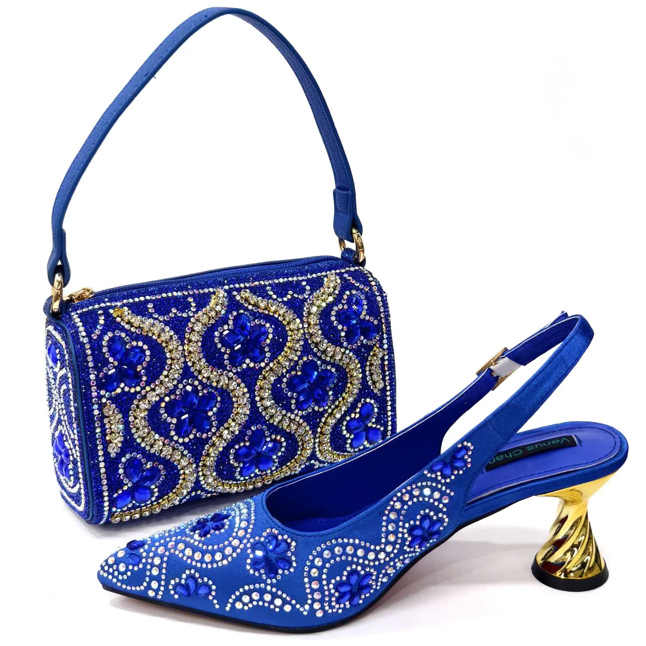

Bling Rhinestone Design Ladies Elegant High Heels Bag Set Combination Diamond Bucket Bag Luxury Crocodile Texture Evening Clutch