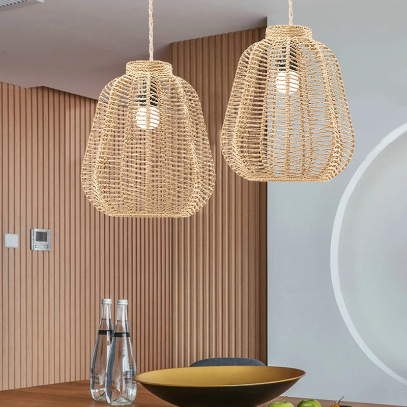 Imitation Rattan Lampshade Hand Woven Paper Rope Pendant Lamp Cover Ceiling Chandelier Light Shades Bedroom Living Room Decor