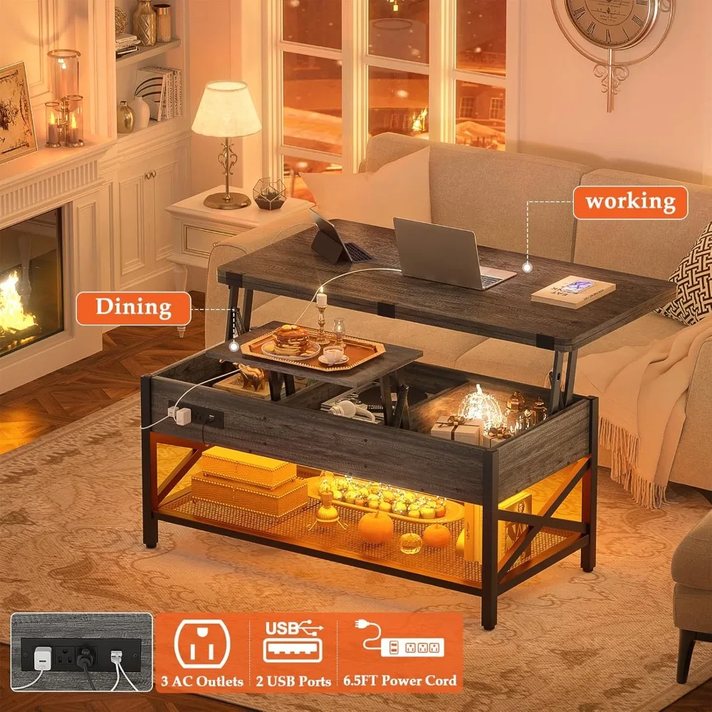 コーヒーテーブル リフトトップ 多機能 ダイニングテーブルに変換可能、LEDライトと電源コンセント付き、センタータブ