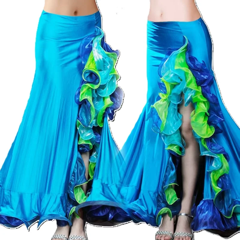 Aangepaste buikdanskostuum drie kleuren lotusblad gekrulde rok split opgerolde rand lotusblad rok