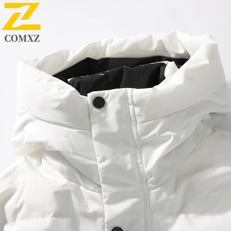 COMXZ Luxury Mens Down Jacket Print Design Hooded Outdoor Riding Lightweight Parka Fashion Camping Warm Windproof Winter Coat