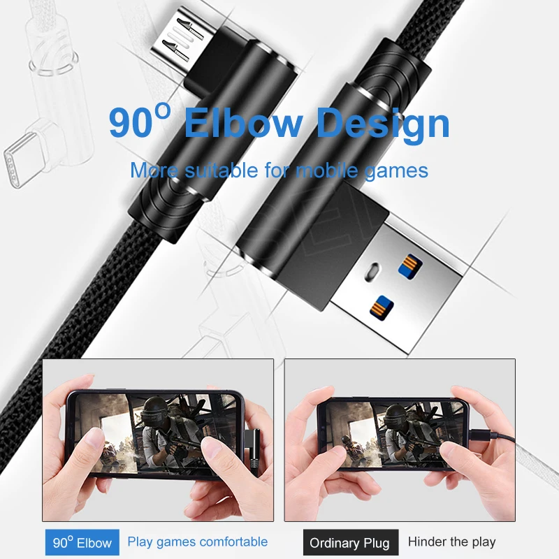 Micro USB Cable 2.4A Fast Charger USB Cord 90 Degree Elbow Nylon Braided Data Cable for Samsung Sony Xiaomi Huawei Android Phone