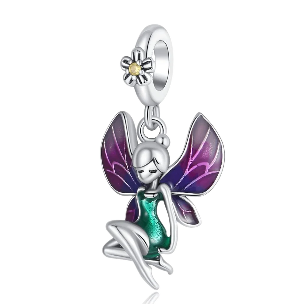 

Actual 925 Sterling Silver Flower With Purple Wings Fairy Charm Fit Pandora Bracelet Women's Party Jewelry Accessories