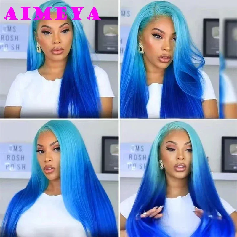AIMEYA Ombre Blue Wig Colored Lace Front Wigs for Women Long Silky Straight Synthetic Hair Heat Resistant Daily Use Cosplay Wig