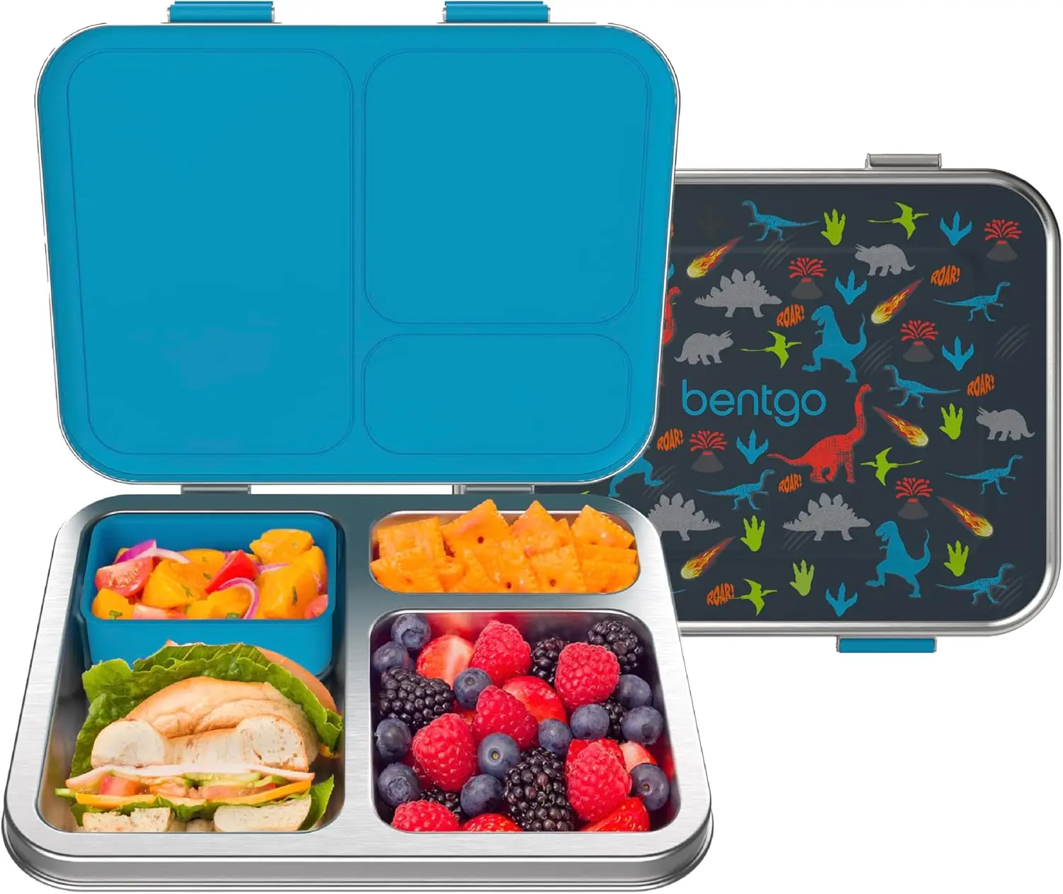

Kids Stainless Steel Lunch Box with 3 Compartments, Leak-Proof, Dishwasher Safe, BPA-Free for Ages 3+ (Dinosaur Design)